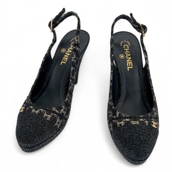 Authentic CHANEL Black CC Logo Cap Toe Block Heel Slingback Sandals Size… - Picture 7 of 16